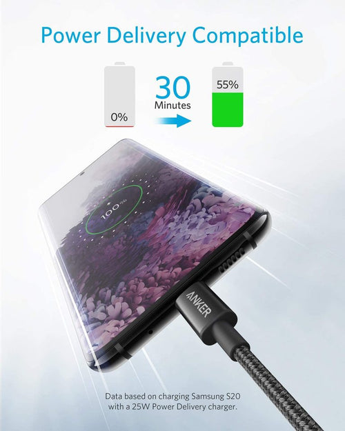 Anker with USB-C cable charging smartphone for power delivery