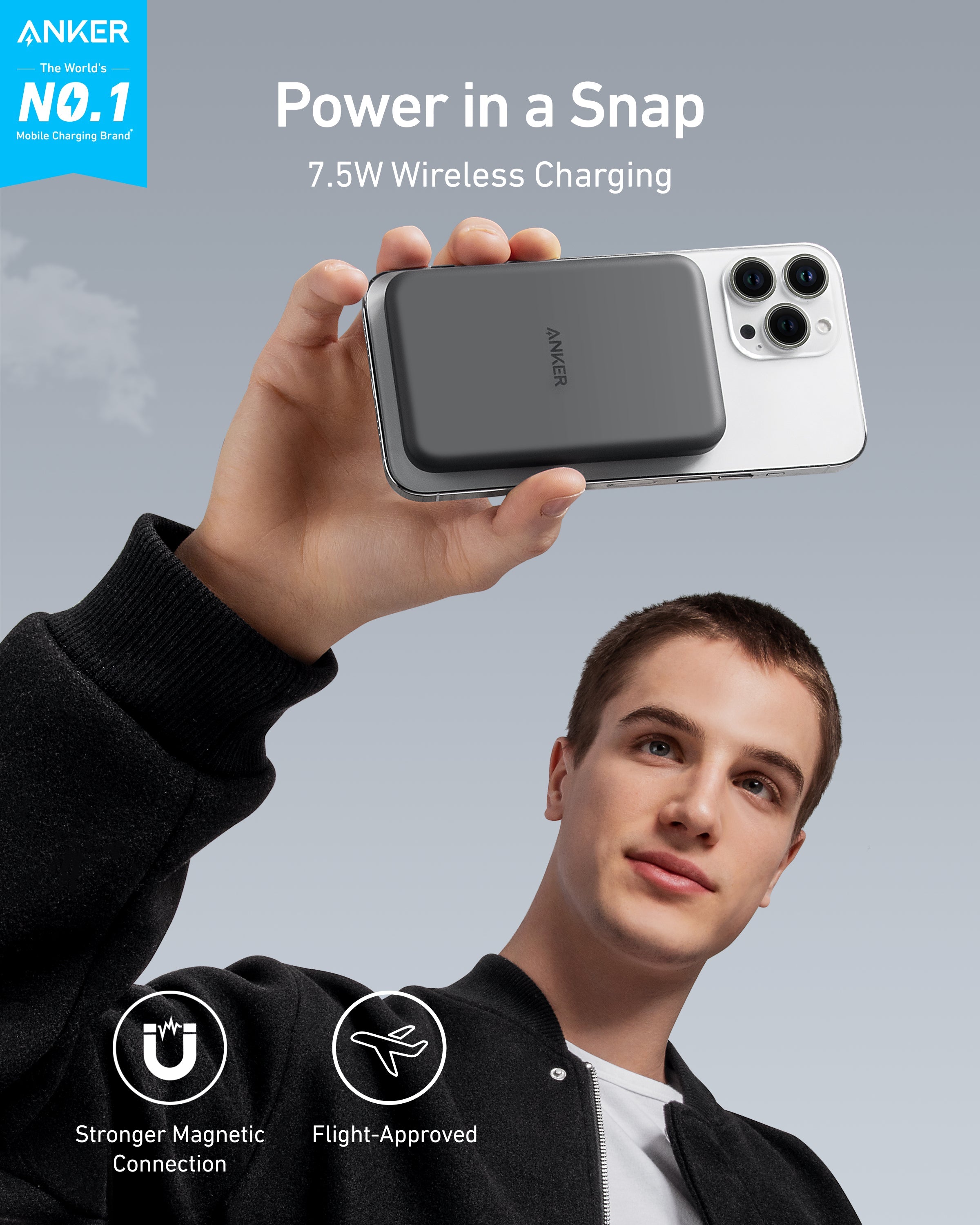Anker power bank on iPhone with magnetic connection for easy use