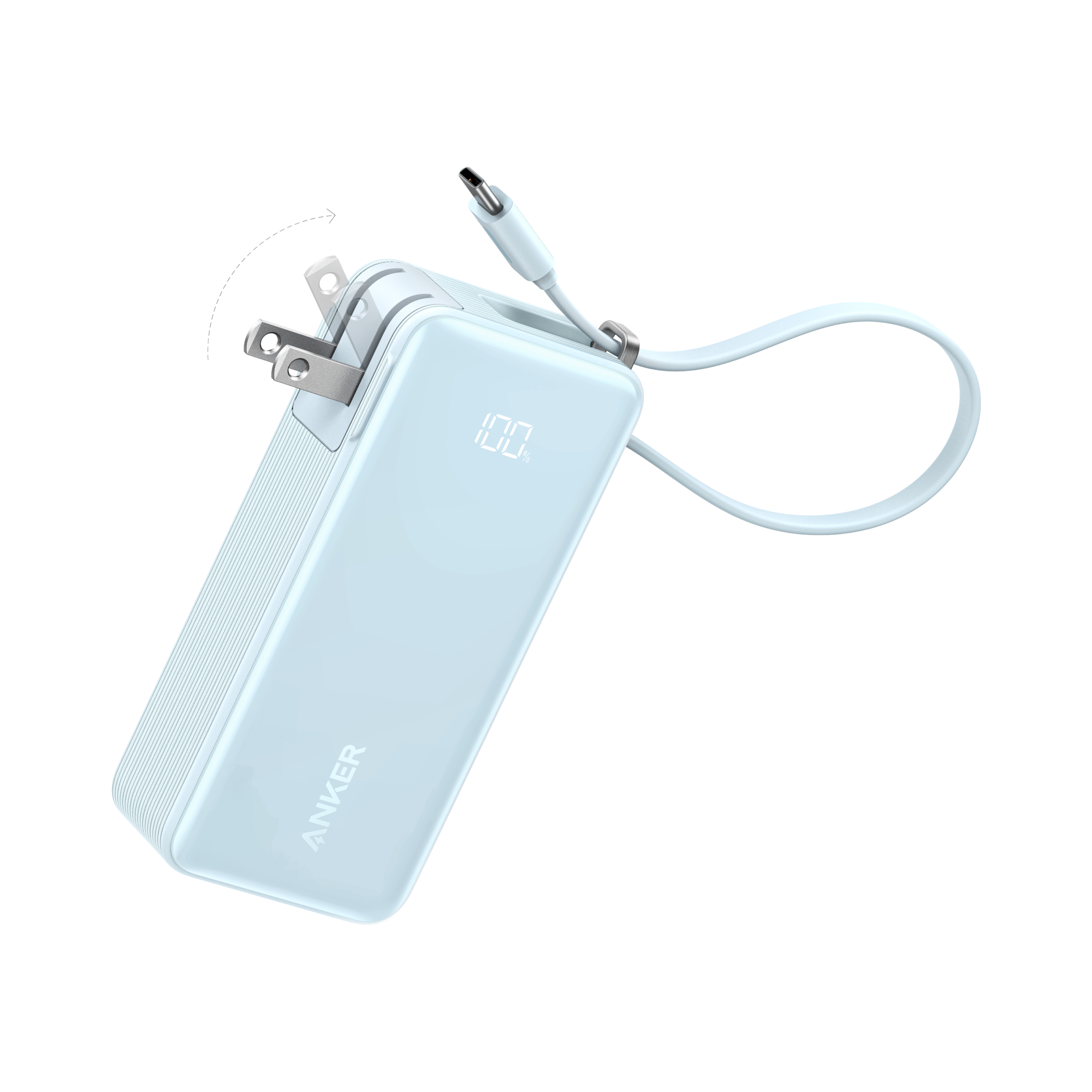 Anker Power Bank (10K, Fusion, Built-In Cable) T4 Built-In USB-C Cable / Ice Lake Blue