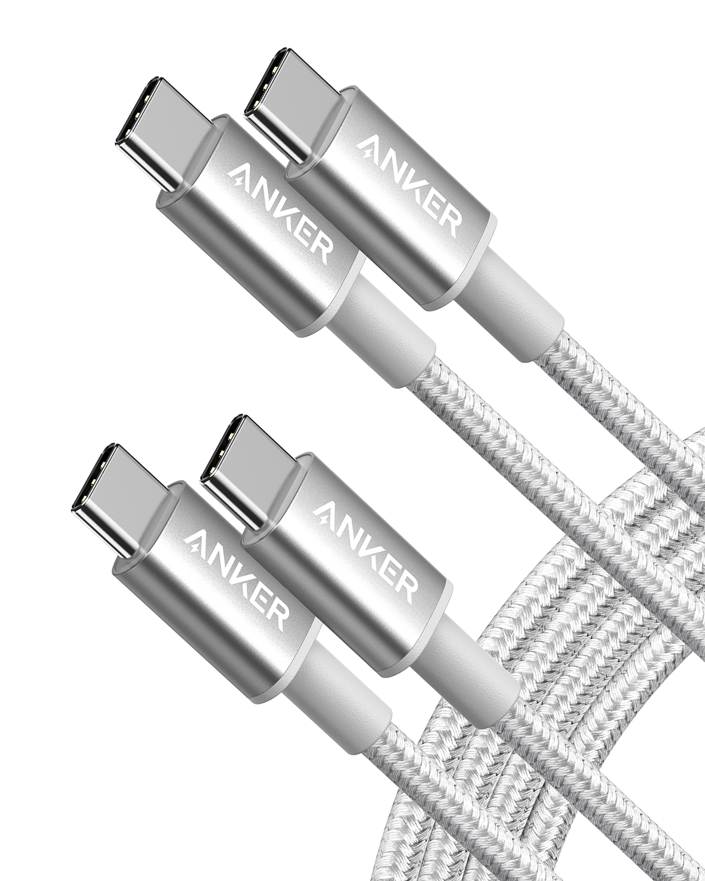 2-Pack Anker New Nylon USB-C to USB-C Cable (3 ft / 6 ft, 60W) W3 Silver / 6ft