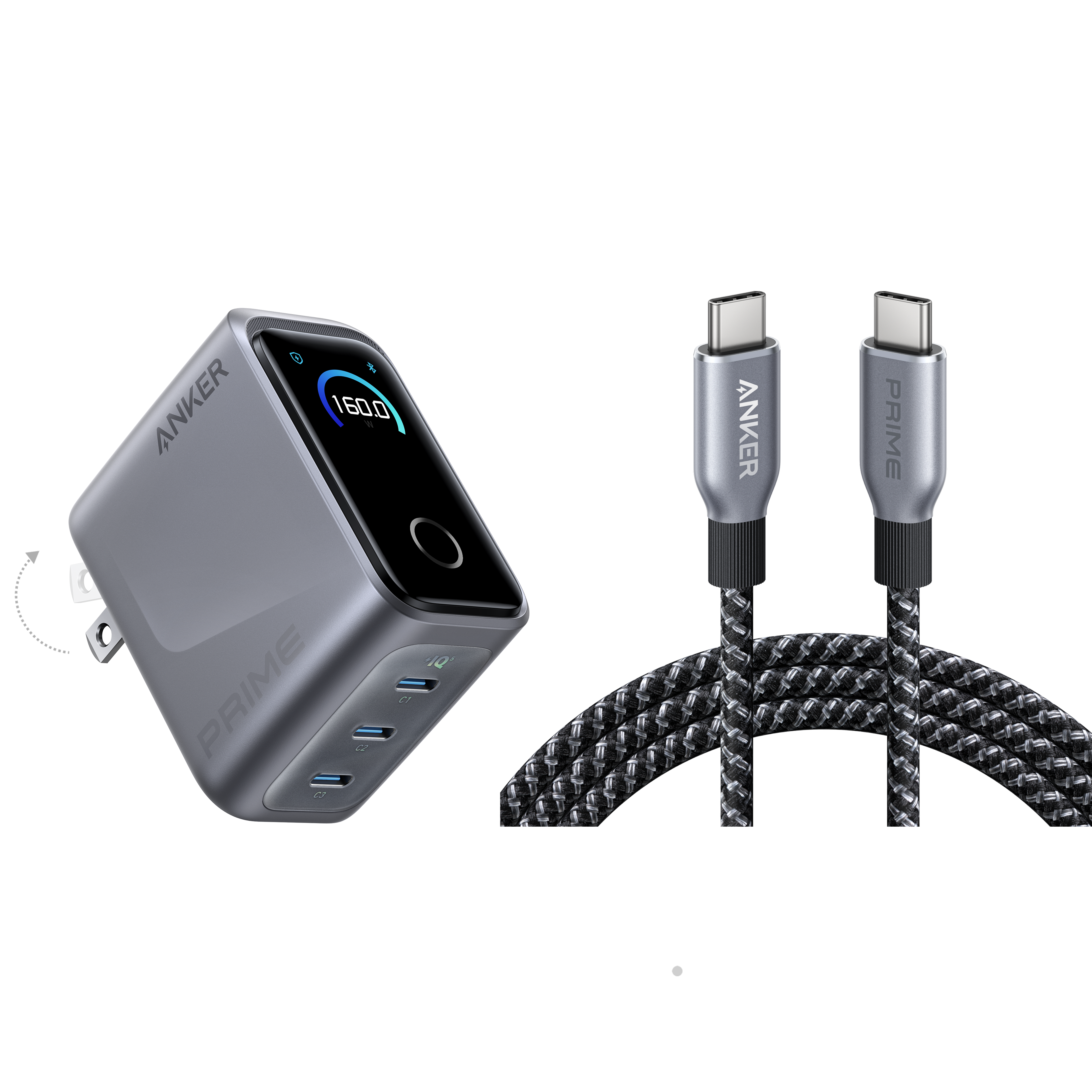 Anker Prime Charger (160W, 3 Ports, Smart Display) with Anker Prime USB-C to USB-C Cable (240W, Upcycled-Braided) L8 Charger with 6 ft Cable