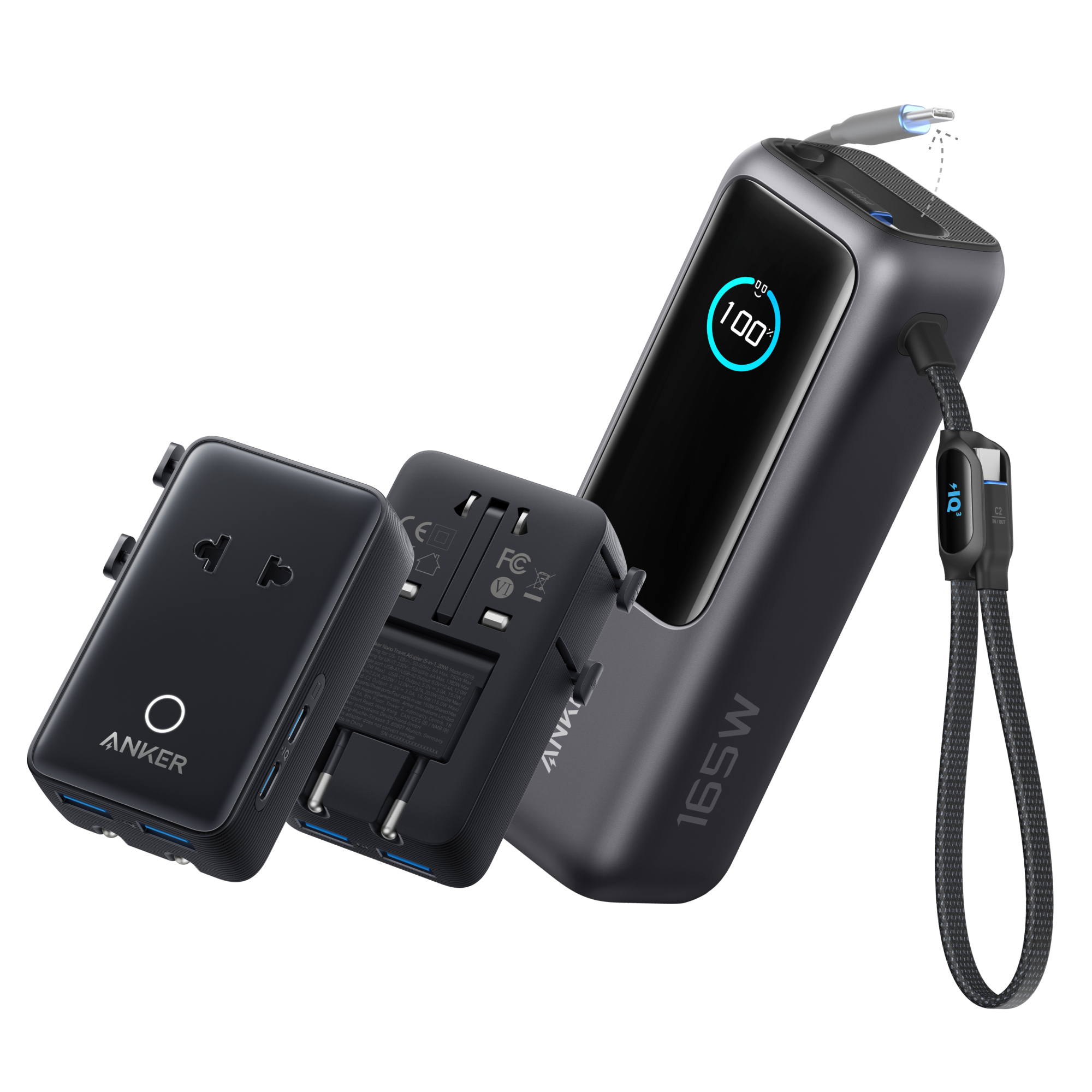 Anker Laptop Power Bank (25K, 165W, Built-In and Retractable Cables) R3 Space Black / Power Bank + Travel Adapter