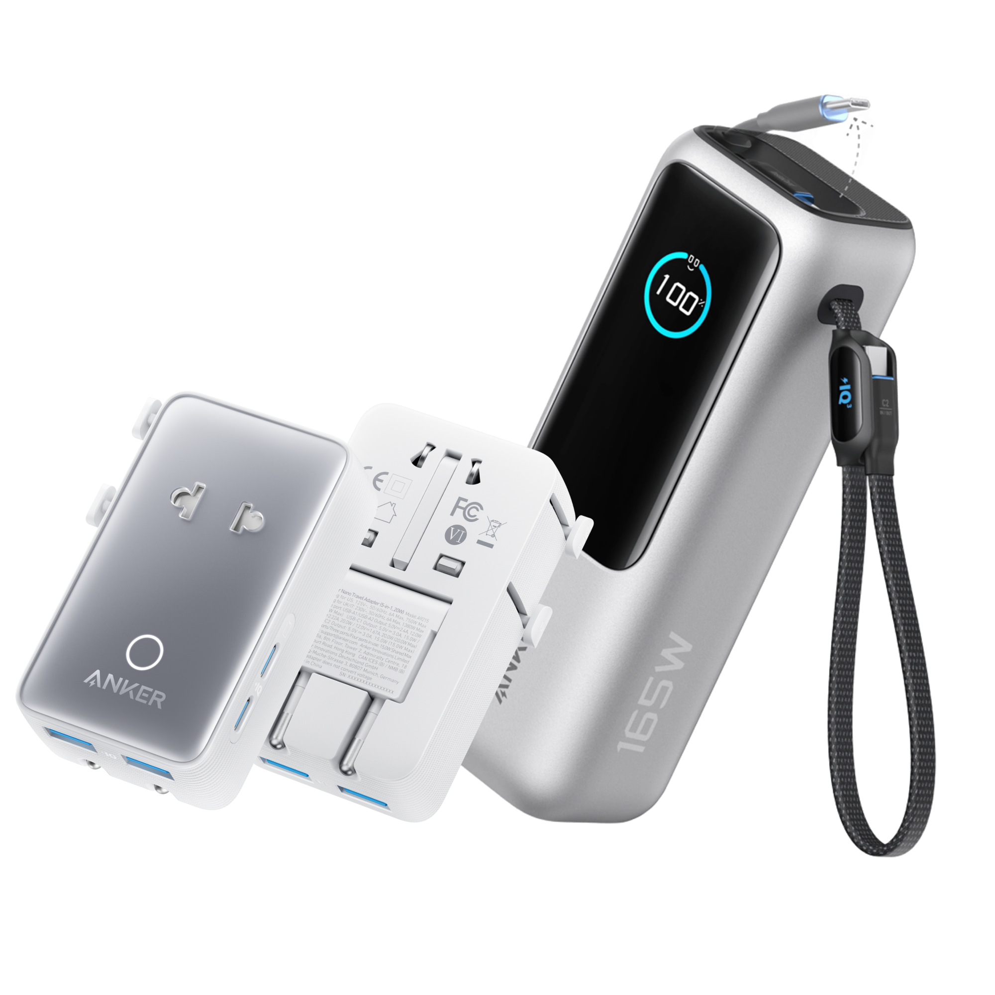 Anker Laptop Power Bank (25K, 165W, Built-In and Retractable Cables) R3 Silver / Power Bank + Travel Adapter