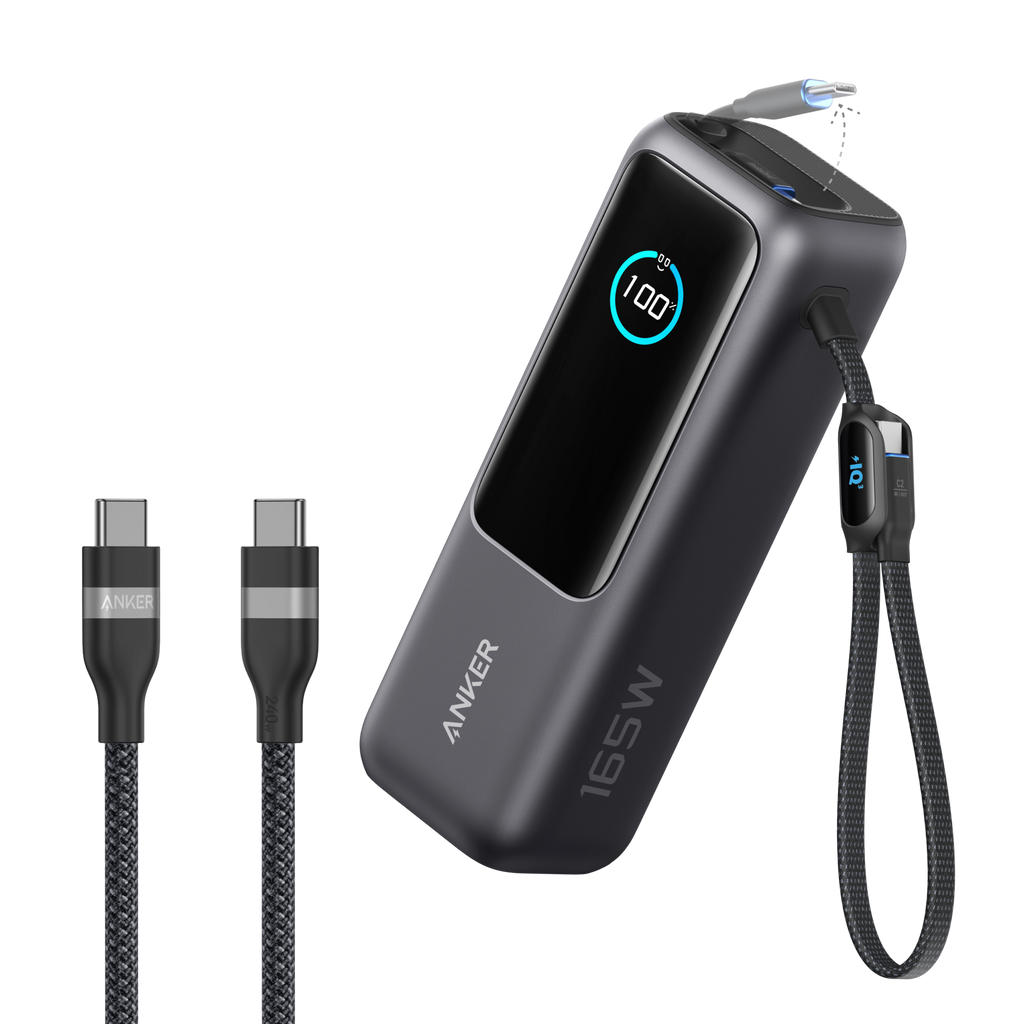 Anker Laptop Power Bank (25K, 165W, Built-In and Retractable Cables) and Anker USB-C to USB-C Cable (6 ft, 240W, Upcycled-Braided) S8 Black / Power Bank + 3ft Cable