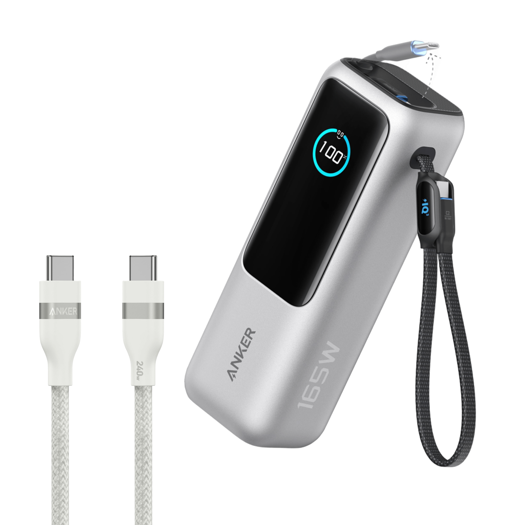 Anker Laptop Power Bank (25K, 165W, Built-In and Retractable Cables) and Anker USB-C to USB-C Cable (6 ft, 240W, Upcycled-Braided) S8 Silver / Power Bank + 3ft Cable