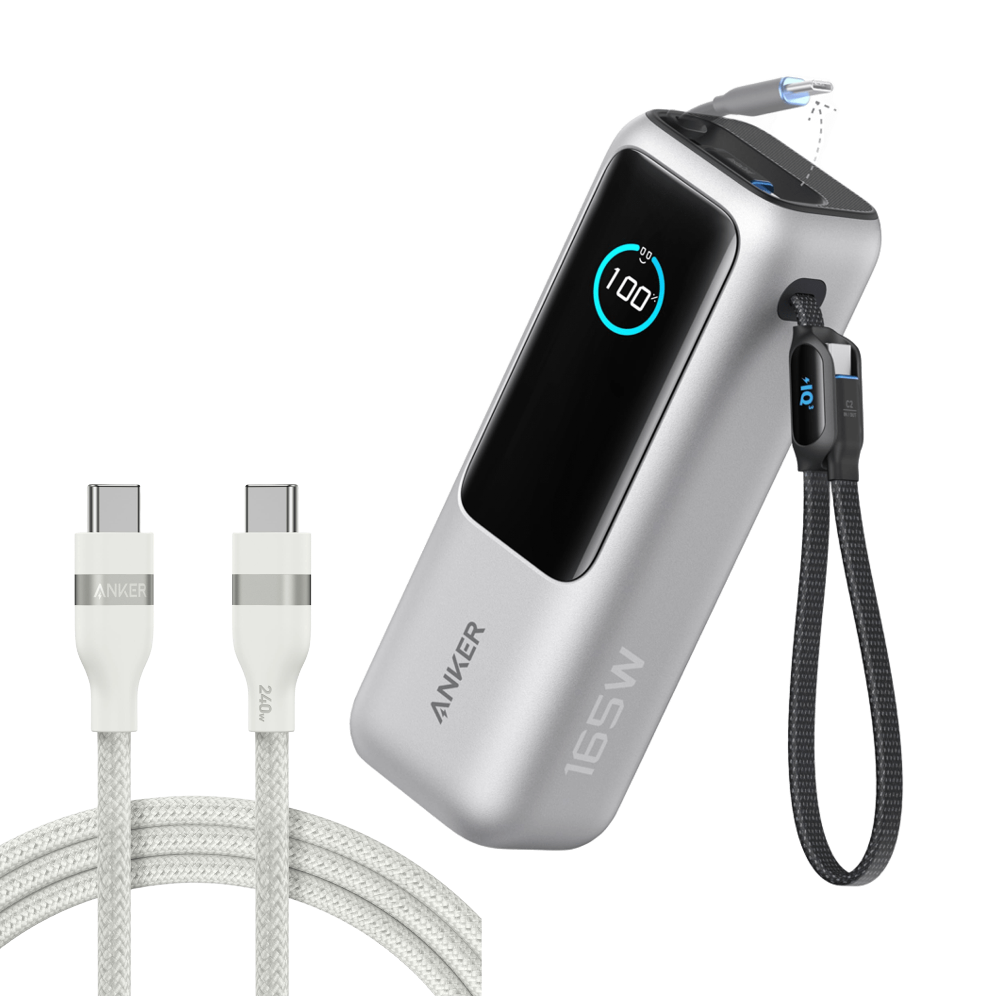 Anker Laptop Power Bank (25K, 165W, Built-In and Retractable Cables) and Anker USB-C to USB-C Cable (6 ft, 240W, Upcycled-Braided) S8 Silver / Power Bank + 6ft Cable