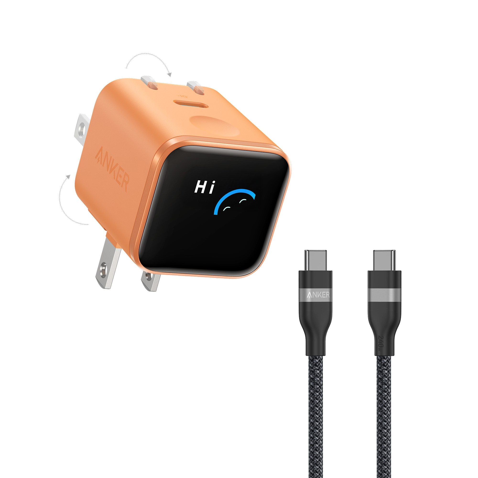 Anker Nano Charger (45W, Smart Display, 180° Foldable) and USB-C to USB-C Cable H6 3 ft / Orange