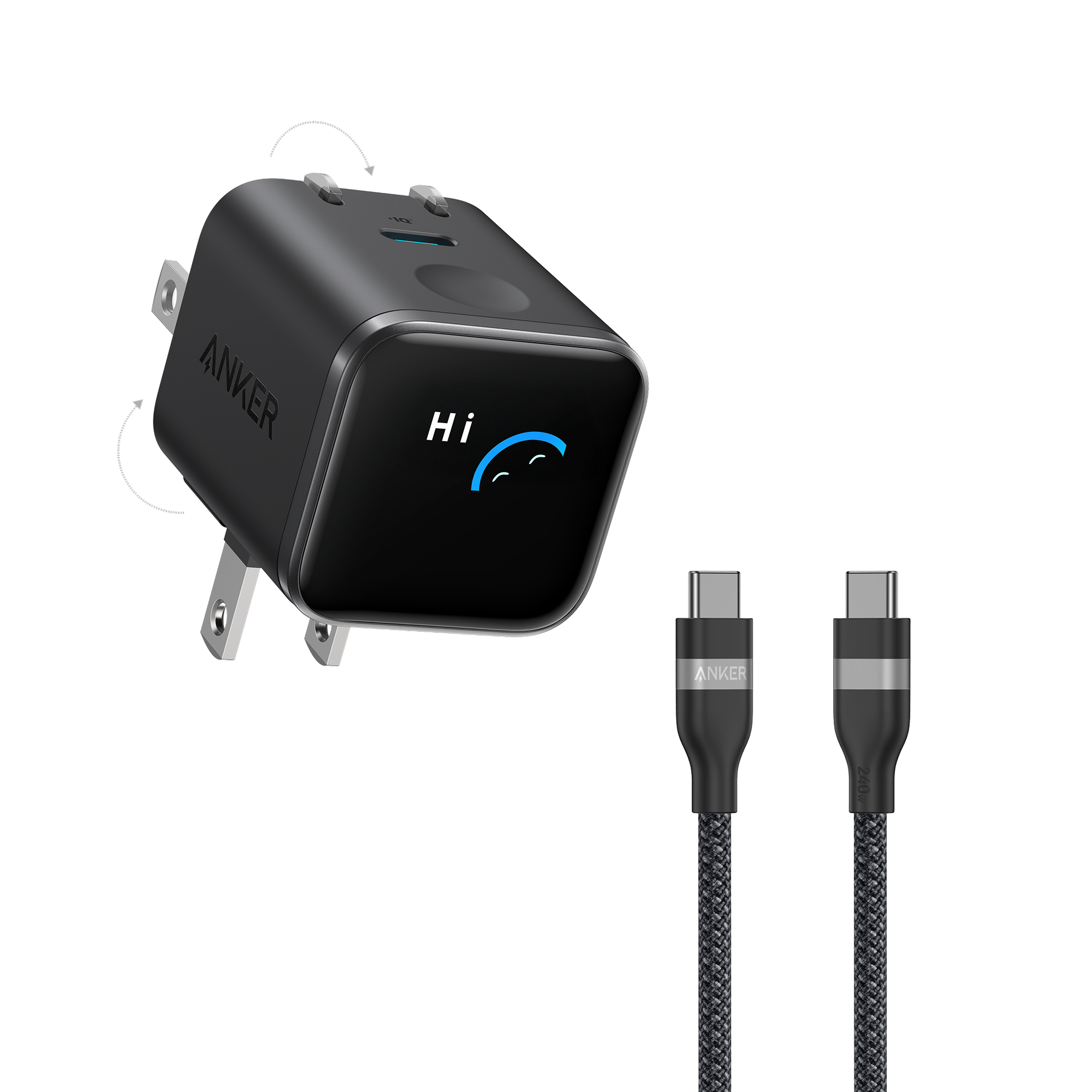 Anker Nano Charger (45W, Smart Display, 180° Foldable) P2 Black + 3 ft Cable | 1-Pack Each