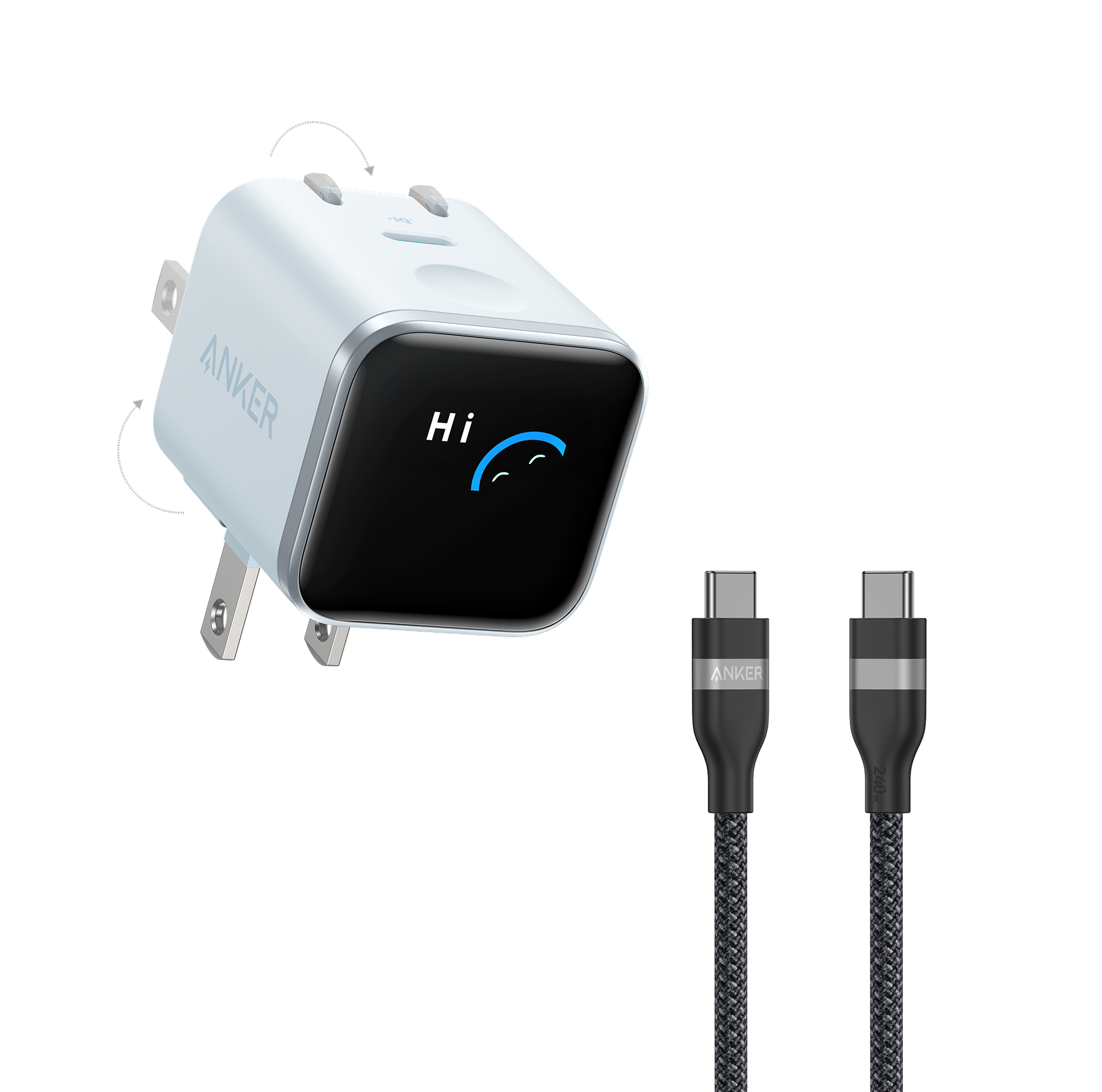 Anker Nano Charger (45W, Smart Display, 180° Foldable) P2 Blue + 3 ft Cable | 1-Pack Each