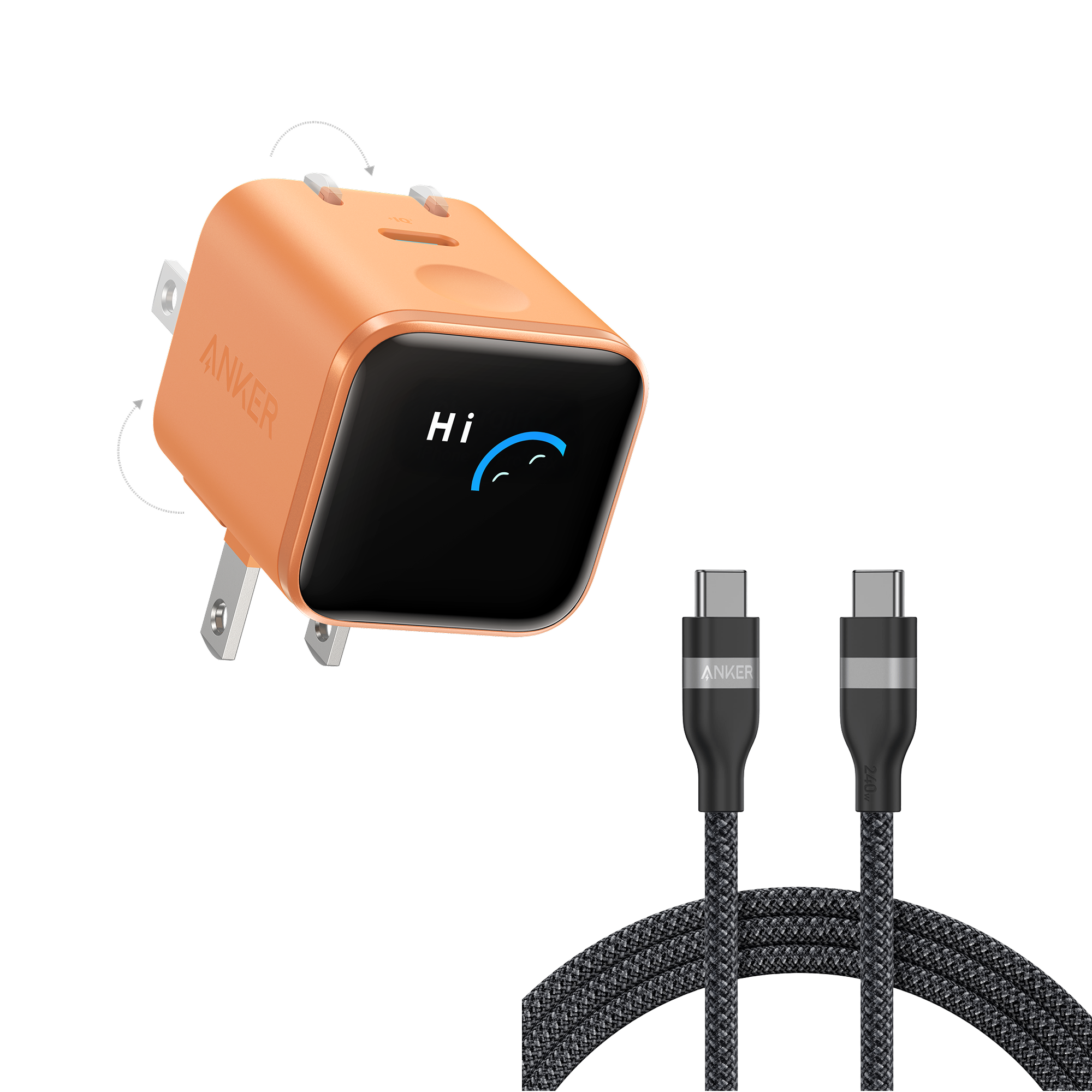 Anker Nano Charger (45W, Smart Display, 180° Foldable) and USB-C to USB-C Cable H6 6 ft / Orange