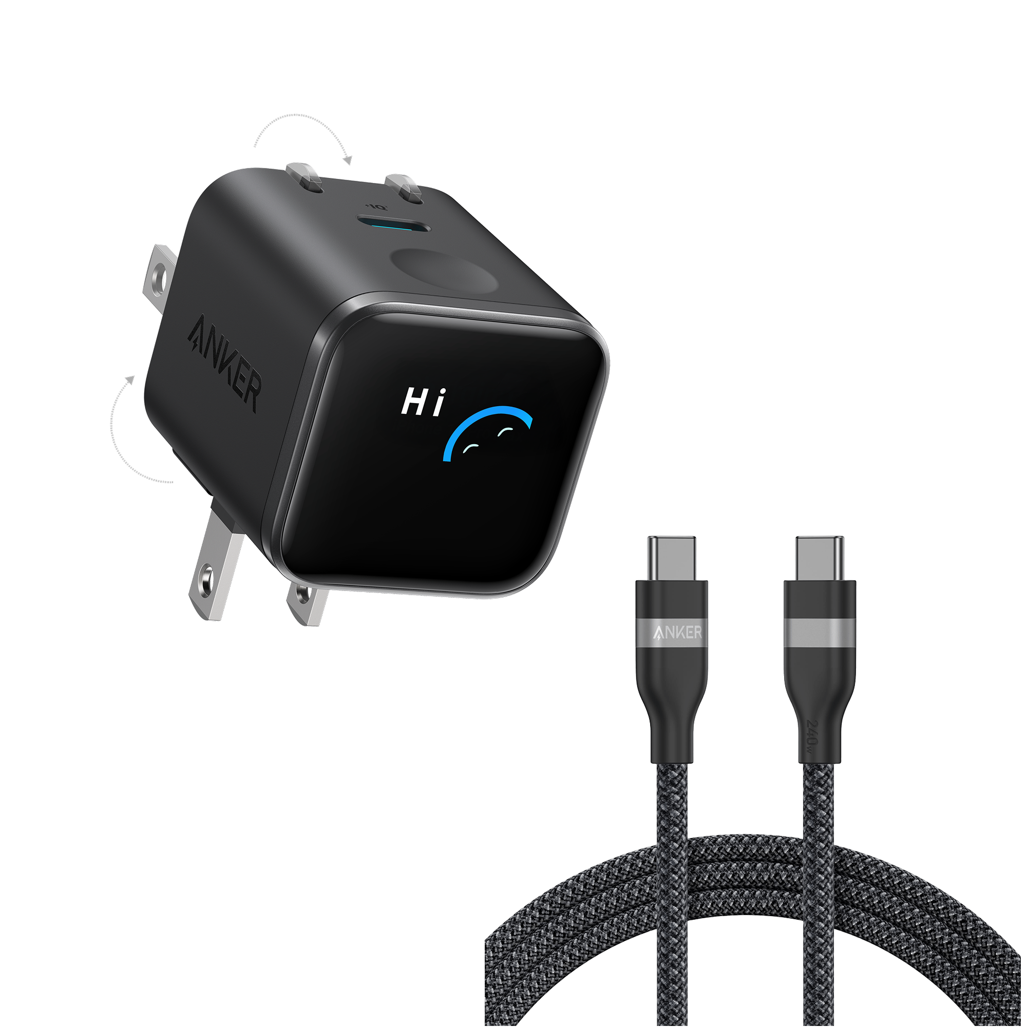 Anker Nano Charger (45W, Smart Display, 180° Foldable) P2 Black + 6 ft Cable | 1-Pack Each