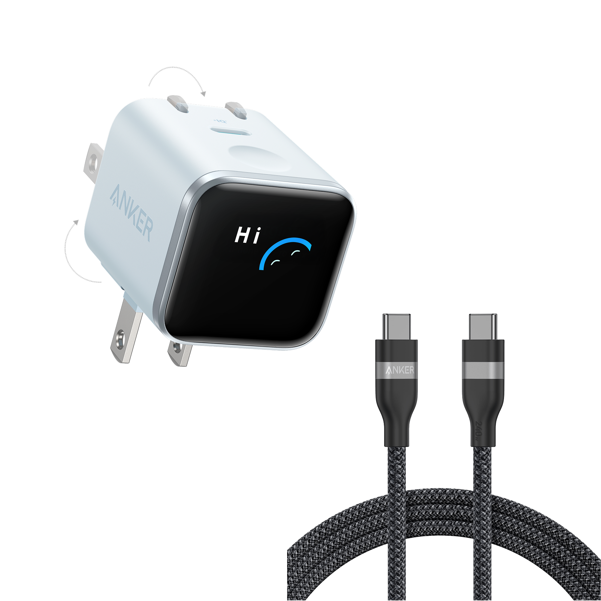 Anker Nano Charger (45W, Smart Display, 180° Foldable) P2 Blue + 6 ft Cable | 1-Pack Each