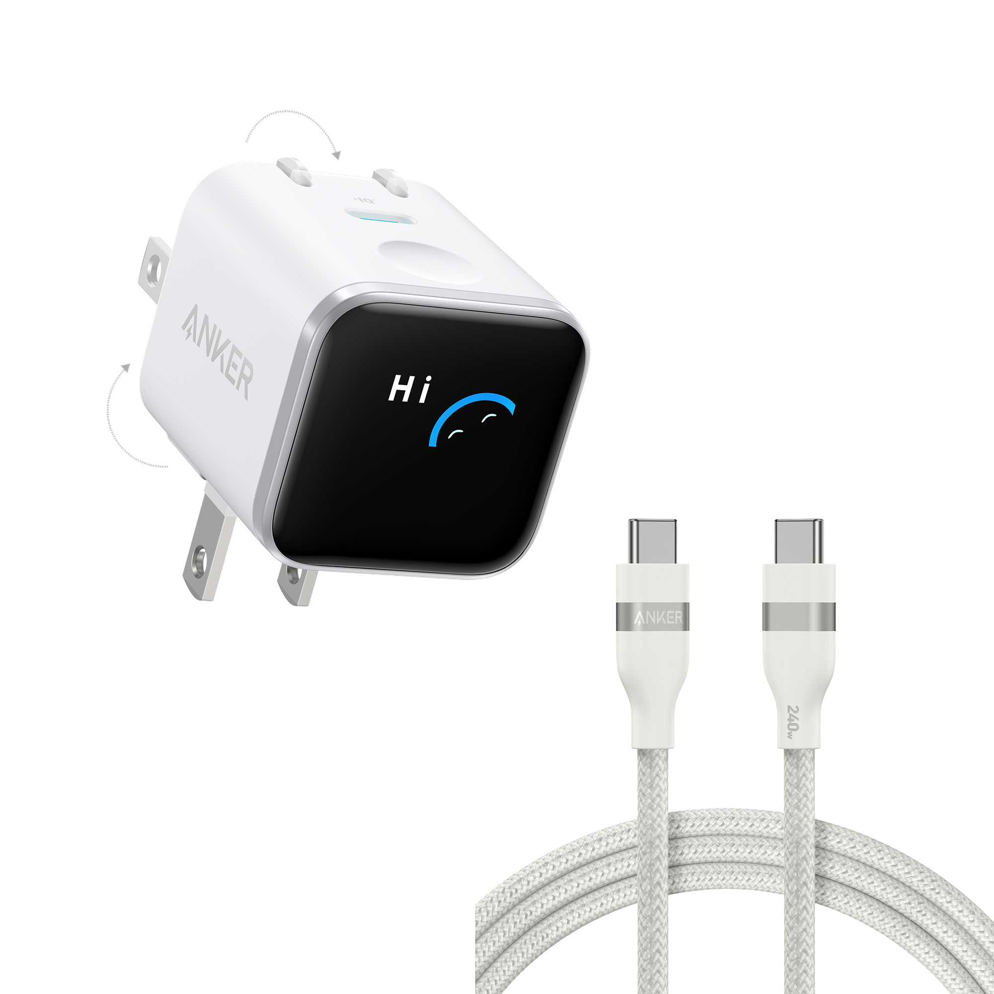 Anker Nano Charger (45W, Smart Display, 180° Foldable) and USB-C to USB-C Cable H6 6 ft / Aurora White