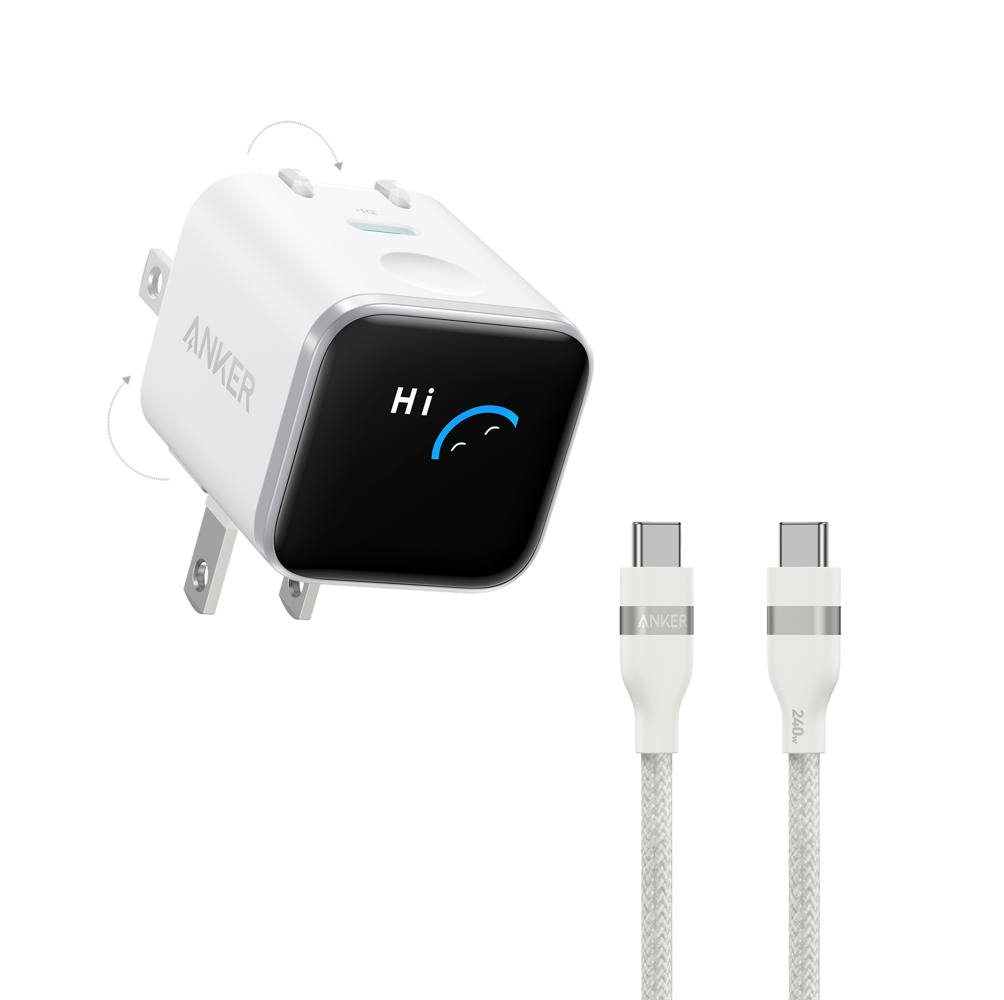 Anker Nano Charger (45W, Smart Display, 180° Foldable) P2 White + 3 ft Cable | 1-Pack Each