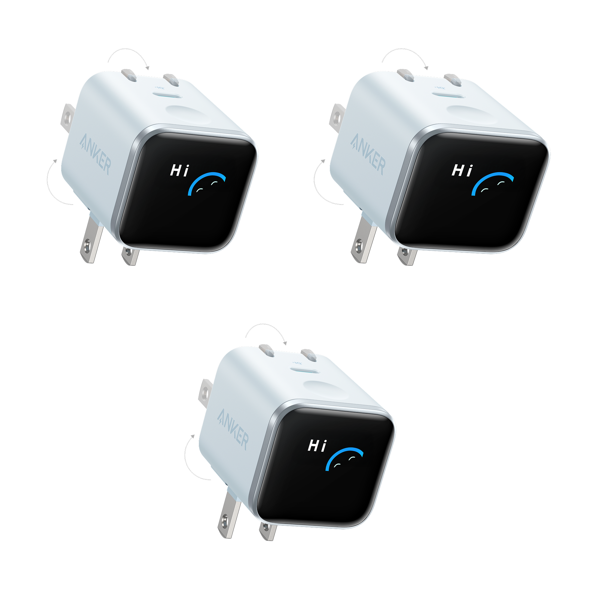 Anker Nano Charger (45W, Smart Display, 180° Foldable, 3-Pack) W8 Misty Blue