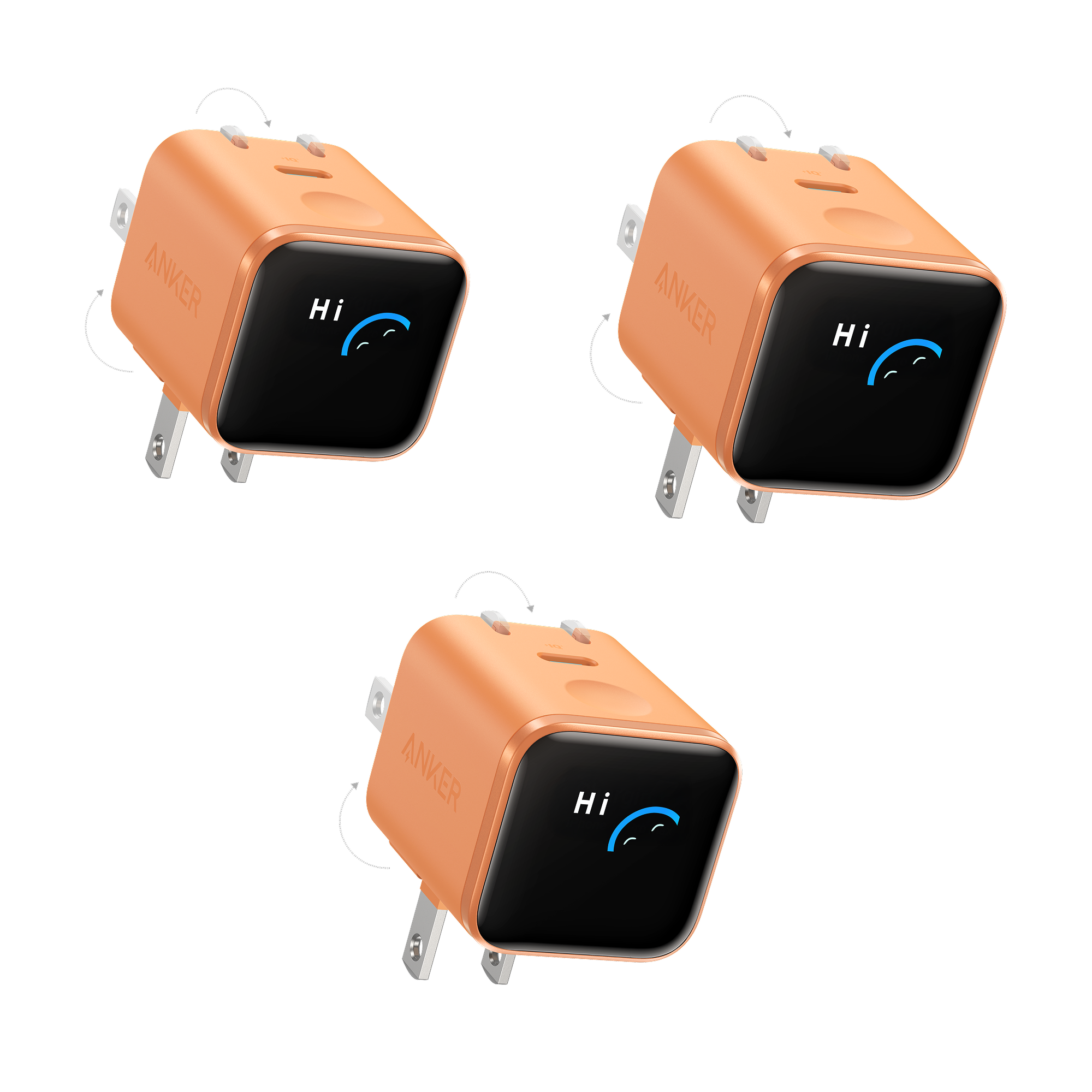 Anker Nano Charger (45W, Smart Display, 180° Foldable, 3-Pack) W8 Orange