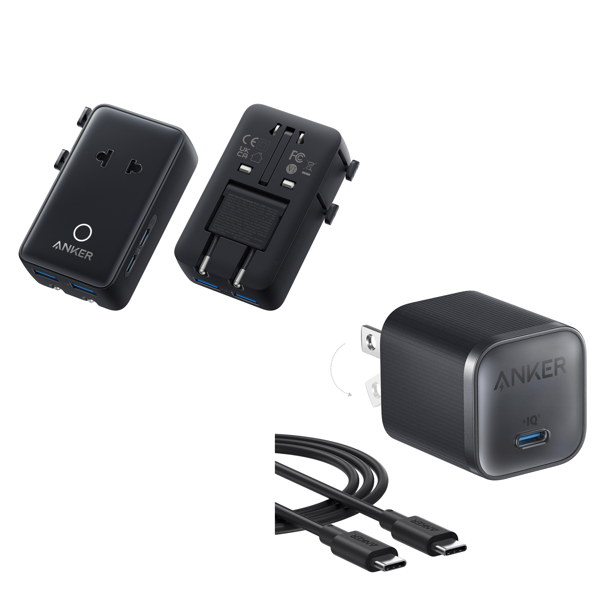 Anker Nano Travel Adapter (5-in-1, 20W, 1-Pack) and Anker Nano Charger (45W) with USB-C to USB-C Cable F6 Black