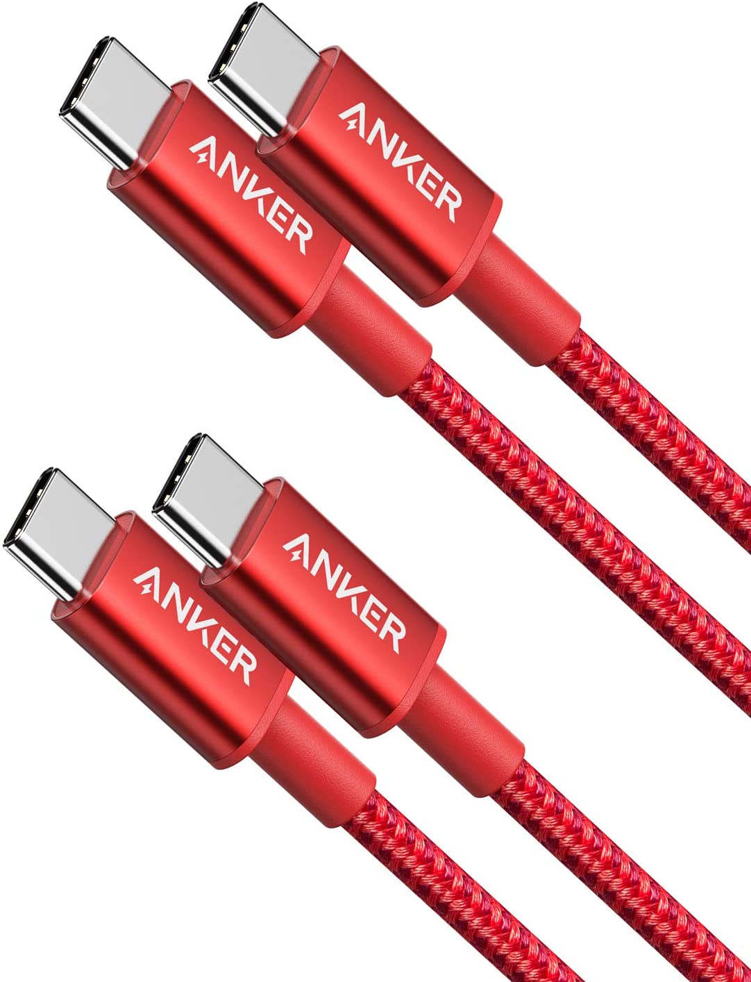2-Pack Anker New Nylon USB-C to USB-C Cable (3 ft / 6 ft, 60W) W3 Red / 3ft
